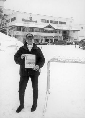 02-08-01
Susan Gould of Mattapoisett poses at a ski resort in Steamboat Springs, Colorado, with a copy of The Wanderer, adding yet another unique location to our gallery of readers. Ms. Gould recently took a trip to the winter getaway spot which offered ample snowboarding on 18 inches of champagne powder while there. Remember to take along a copy of your favorite local newspaper when traveling and be sure to pose outside a picturesque  and previously unsubmitted  locale. (Photo courtesy of Susan Gould.) 2/8/01 edition
