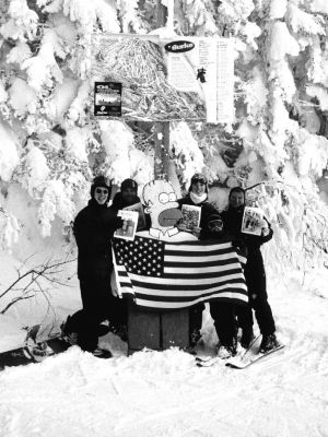 02-28-02-1
DOh! Posing with both the Stars and Stripes and copies of The Wanderer ... along with an odd-looking fellow (center) on top of Burk Mountain in Vermont during a recent ski trip are (l. to r.) Frank Catoe, Roger Caron, Patrick Catoe, P.J. Caron, and Patty Catoe. 2/28/02 edition
