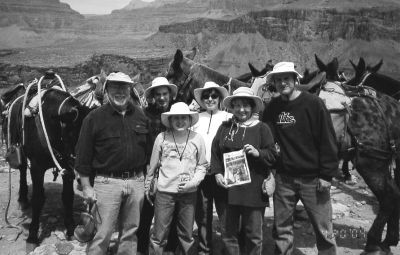 071504-1
During a recent Grand Canyon mule trip to the plateau overlooking the Colorado River, John and Margaret DeMello of Mattapoisett took a break to pose with The Wanderer alongside daughter Elizabeth Teich, son-in-law William Teich, and grandsons Adam and Dustin. 7/15/04 edition
