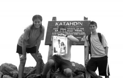 072904
(L. to R.) Emma, Will and Sam Schlitzer of Mattapoisett pose with a copy of The Wanderer during a recent hiking trip. The photo was taken on the peak of Mount Katahdin which is the highest point in the State of Maine (5,267 feet) and the northern end of the Appalachian Trail. (Photo by and courtesy of Dan and Jenny Schlitzer). 7/29/04 edition
