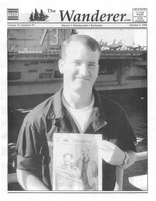 10-05-00 cover
The first of our featured wanderers, Mattapoisett native Tim Lynch poses with an issue of his favorite local news source from somehwere in the Persian Gulf. Pictured behind him is the USS George Washington (CVN-73). On the cover of our October 5, 2000 edition.
