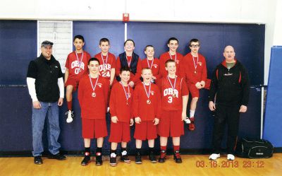 6th Grade Boys Basketball Champions 
Old Rochester Regional Bulldogs are the 6th Grade Boys Basketball Champions at the Kingston Sports Center Tournament Weekend Record 4 - 0 March 15-17, 2013. Pictured from left to right (top row) are Coach Bob Mourao, Matthew Brogioli, Jake Mourao, Bob Ross, Adam Sylvia, Cole McIntyre, Isaiah Ostiguy and Coach Ken Ross. (front row) Noah McIntyre, Bryce Alfonso, Holden King, and Nathan King. (not pictured) Anthony Childs.

