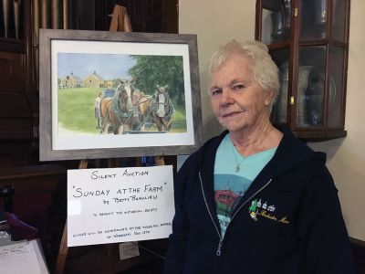 Betty Beaulieu
On September 30, the Rochester Historical Society opened their photographic retrospective of farming in Rochester. Betty Beaulieu, water colorist and local historian, donated one of her paintings for a silent auction. Bids will be accepted every Sunday between 1:00-3:00 pm through October at the Rochester Historical Museum located at 355 County Road. The highest bidder will be announced on November 15 at the Thankful Supper held at the museum. Photo by Marilou Newell
