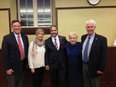 9th Congressional District
The three Republican candidates running for the  9th Congressional District were guest speakers at the April meeting of the Mattapoisett Republican Town Committee.   (L TO R)  John Chapman, Jane Awad (President of Mattapoisett Republican Town Committee), Mark Alliegro, Jill Ussach, Massachusetts State Committee Woman, and Vince Cogliano.
