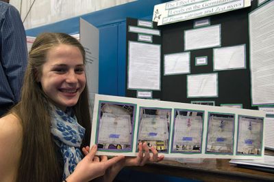 Sophomore Eliza
Sophomore Eliza Van Voorhis with her project,“The effect of varying CO2 levels on the germination and growth of Pisum satrium and Zea mays.” The daughter of Rachel and Charlie Van Voorhis of Mattapoisett, Eliza received honorable mention 
