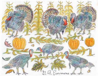 Wild Turkeys
Wild turkeys as depicted by contributing writer and artist George B. Emmons, whose column in this issue discusses the revival of the bird symbolic to America’s Thanksgiving tradition. Despite being brought to America by colonists in 1620, hunting and deforestation had made them scarce in the northeast until U.S. Fish and Wildlife began transplanting them back from other areas in 1969. Now they are plentiful and roam freely in our neighborhoods. Illustration by George B. Emmons
