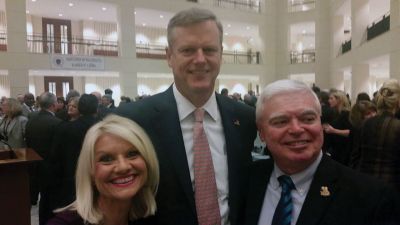 Governor Baker 
Edward J. Doherty and his wife Joanne with Governor Baker on Monday night at a reception at the Brooke Courthouse in Boston. Photo courtesy Edward J. Doherty   
