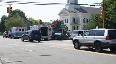 Route 6 Crash
Just before 3pm June 29, 2009 the Mattapoisett Police and Fire Departments responded to a motor vehicle crash at Route 6 and Main Street, which slowed down the already heavy summer traffic. Multiple injuries were reported in the two-vehicle crash to which two ambulances responded. One of the victims was immobilized on a backboard as a precautionary measure while transported to St. Lukes Hospital for evaluation. The Fairhaven and Marion Police Departments also responded to assist at the scene.
