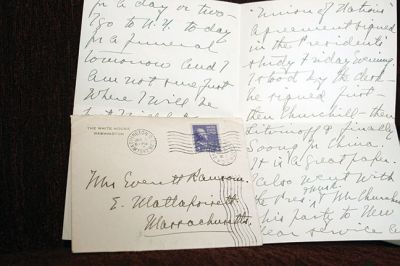 Historical Letters
Letters sent from the White House written by Huybertie Hamlin to Mary Ransom in the 1940s are part of a large collection of family ephemera owned by Mattapoisett resident David Anderson. Photo by Marilou Newell
