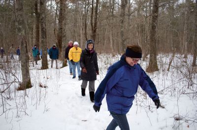 Winter Walk
The Mattapoisett Land Trust members and friends enjoyed a hike through the wintery woods on Saturday, February 12, 2011. The group explored the Brownell parcel, which MLT is planning to acquire this summer. The parcel includes an old blueberry orchard and small streams. Photo by Felix Perez.
