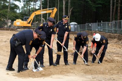 Police Station Ground Breaking
Construction on the new Marion Police Station officially began on September 8, 2009 with a groundbreaking ceremony. Among those present were Police Chief Lincoln Miller, Chairman of the Board of Selectmen Stephen Cushing, Selectmen Roger Blanchette and Jonathan Henry, Project Manager Rick Pomeroy, Architect Brian Humes, Building Committee Chairman Dale Jones, and Jonathan Scully of B.C. Construction. Photo by Anne O'Brien-Kakley
