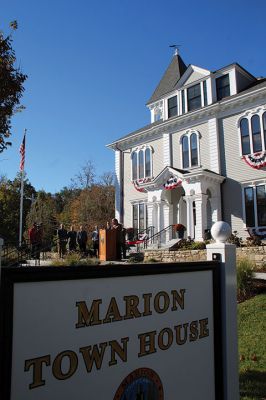 Marion Town House
November 6 dedication of the Marion Town House. Select Board member Randy Parker cuts the ribbon, reopening the renovated Town House to Marion citizens. Sherman Briggs, Nate Burgess, Shaun Cormier, Francisco Tavares, Peter Turowski and Mike Vareika were among contributors recognized during the festivities, after which visitors were invited inside the building where renovation work is ongoing. Photos by Mick Colageo

