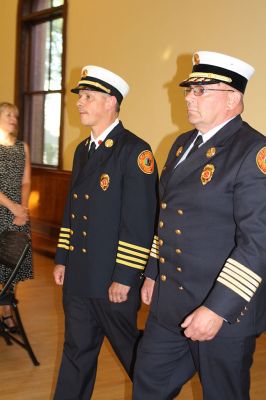 Marion’s new Fire Chief 
Marion’s new Fire Chief Brian Jackvony was sworn in on June 30 during a ceremony at the Marion Music Hall with the Board of Selectmen. Jackvony comes to Marion from the Town of Cumberland, Rhode Island where he was the assistant fire chief for eight years, after 24 years with the Providence Fire Department. Photo by Jean Perry
