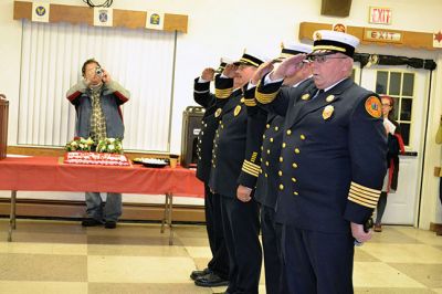 Marion Fire Department
The Marion Fire Department celebrated the careers of three of its retiring firefighters on November 8. Deputy Chiefs William Scott, Charles Blanchette, and Scott Cowell were toasted (and roasted) by Marion Fire Chief Thomas Joyce before family and friends at the Marion VFW Saturday night. The wives of MacDougal and Blanchette, and the daughter of Cowell, attached new deputy chief badges on the three gentlemen during the pinning ceremony, and the three selectmen honored the retiring chiefs with gifts. 
