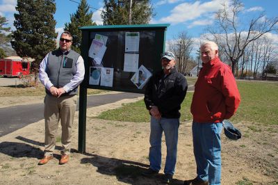 Town of Marion Message Board
The Town of Marion dedicated a new message board on Monday at the Cushing Community Center. The materials were donated by the Friends of Marion Recreation and constructed by Route 6 neighbor William "Stan" Bradford, who is seen pictured with Town Administrator Jay McGrail, left, and Select Board Chairman Norm Hills, right. Photos by Mick Colageo
