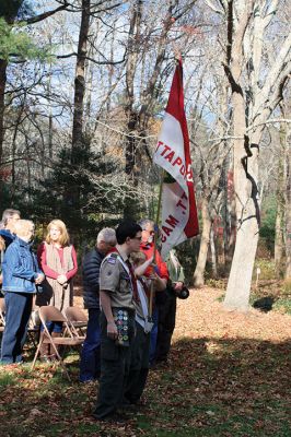 Veterans Day Ceremony in Mattapoiset
On November 11 following the Veterans Day Ceremony at Old Hammondtown School in Mattapoisett, members of Boy Scout Troop 53 performed a flag decommissioning ceremony at the Mattapoisett Land Trust’s Dunseith Gardens. Flags had been placed in decommissioning boxes built by Drew Robert for his Eagle project. The flags were then collected from the boxes located at the police department, town hall and public library and prepared for burning and burial. 
