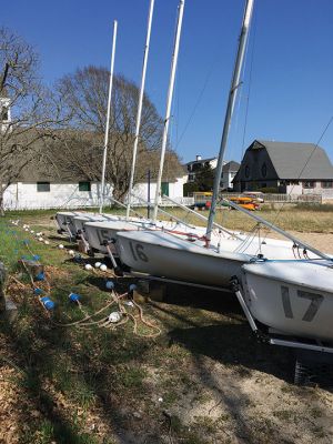 Sailboats for the Mattapoisett Sail program are lined up and ready as the 2021 season begins. Photo by Marilou Newell

