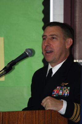 Veteran's Day
United States Navy Commander R. Scott Harrill from Newport Naval War College speaks at the annual Veteran's Day exercises at Old Hammondtown School on November 11, 2011. Photo by Anne Kakley.
