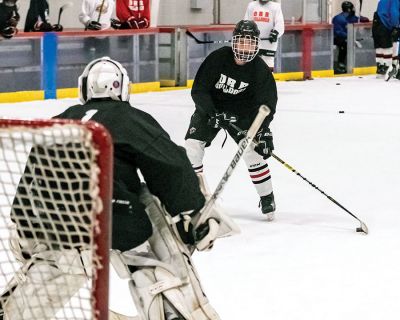 ORR Boy's Hockey
Seniors Ben Austin (left) and Brady Becotte (right) will provide leadership for a maturing ORR/Fairhaven boys hockey team. The Bulldogs practiced on Tuesday at Gallo Arena in Bourne. Photos by Ryan Feeney
