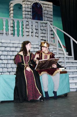 Once Upon a Mattress
Emily Wyman, playing Princess Winnifred, shares a scene with Thomas Berry (Prince Dauntless) during Monday’s rehearsal for Old Rochester Regional High School’s production of "Once Upon a Mattress." Performances of the spring musical are scheduled for Thursday, March 30, through Sunday, April 2 at the high school auditorium. Photo by Mick Colageo. March 16, 2023
