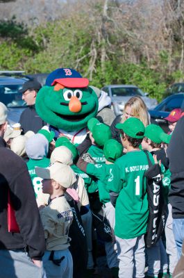 Opening Day
It was Opening Day  for the Old Rochester Little League April 28th. Wally the Green Monster and Former Red Sox Pitcher and South Coast native Brian Rose were on hand for the parade and opening ceremony. Photo by Felix Perez.

