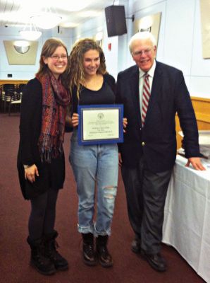 Paw Prints Award
ORR’s newspaper, Paw Prints, won 4th place in the sports writing category at Suffolk University’s annual high school newspaper conference. From left to right: Renae Reints (editor in chief), Catherine Cunningham (sports editor), Dr. Richard P. Preiss (event coordinator). Photo by Abby Bentz.
