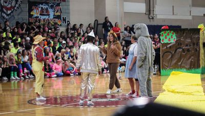 ORR Spirit Week
The culmination of Old Rochester Regional High School’s Spirit Week was a pep rally held after October 7 classes in the gymnasium. ORR sophomores performed a Wizard of Oz skit, and the ORR Bulldog joined Dorothy and company. The seniors displayed a "Back in Time/Back to the Future" theme, featuring a cleverly constructed “Delorean,” a colorful aerobics class, lots of action and energetic music with Marty McFly and Doc Brown characters joined by the heroic Bulldog. 
