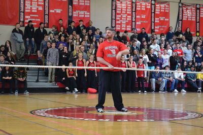 ORR Pep Rally
Principal Michael Devoll gave Old Rochester Regional High School students a “shot in the arm” of school spirit on Friday January 31 – rather overdue for a school with a varsity basketball team currently in first place, a number of losing streaks in sports that have finally come to an end, and an undefeated debate team, among other reasons for students to be proud. Photo by Jean Perry
