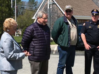 Arbor Day
Outgoing Rochester Town Administrator Michael McCue led a small Arbor Day gathering on Friday, April 29, outside the Rochester Police Station where the Highway Department has planted ten Leyland cypress trees to screen the gas tank located at the site. Rep. William Straus and Maria Connor, representing Senator Michael Rodrigues, attended the event. This is the Town of Rochester’s first year with Tree City USA recognition by the Arbor Day Foundation. Photos by Jean Perry
