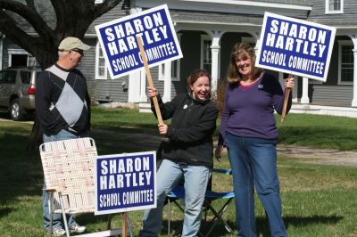 Election Time
Sharon Hartley was out with her supporters on April 14, 2010, at the annual Rochester town election. Ms. Hartley, the incumbent chairperson of the Rochester School Committee, was challenged by newcomer Matthew Beaulieu. Photo by Anne O'Brien-Kakley.

