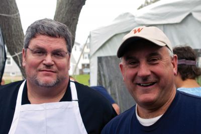 Harvest Moon Seafood Festival
Building Commissioner Andy Bobola (left) and Town Adminstrator Mike Gagne (right) volunteered their time to grill up much of the food that was available at the Harvest Moon Seafood Festival on Sunday, October 14, 2012.  The festival was organized by the Town of Mattapoisett and the Mattapoisett Police Officers Association.  Photo by Eric Tripoli.
