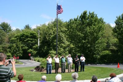Flag Raising
Veterans (left to right) Demi Barrows, John Robarge, Leroy Jackson and Gardner McWilliams along with Marion Police Officer Jeffery Habicht and Marion Fire Chief Tom Joyce honor the Pledge of Allegience with an American flag that was flown at the White House at the Sippican Healthcare Center in Marion on Tuesday, June 16. Photo by Adam Silva.
