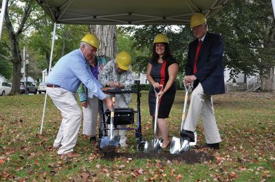 Taber Library 
Selectman Steve Gonsalves, Peggy Repass, Library Director Libby O'Neill, and Selectman Norm Hills celebrate the groundbreaking of the Taber Library entrance restoration project on September 30, with funds donated by Repass. Photo by Sarah French Storer
