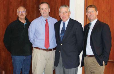 TaborHead2
 Last week’s first official meet-and-greet between the Marion Board of Selectmen and the new Tabor Head of School, from Left to right: Marion Selectmen Chair Stephen Cushing, Clerk Jonathan Dickerson, Vice-Chair John Henry, and Tabor Head of School John Quirk. Photo by Paul Lopes
