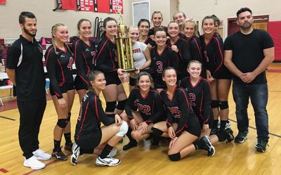 ORR Volleyball Team 
ORR Volleyball Team Senior Captain Jill Tyndall and Wareham Vikings Senior Captain Emma Collings pose with the new Route 6 Rivalry trophy. Photo submission Kathryn Collings
