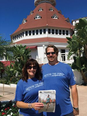 Del Coronado
Defend the porch continues to sweep the nation! Loyal customers of the Inn on Shipyard Park, Mike Dahill and Kelly Stone of Mattapoisett brought the August 18th edition of The Wanderer to the iconic Hotel Del Coronado in Coronado California.
