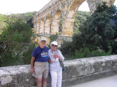 Pont du Gard
On the Seine River from Paris to Omaha Beach and the American Cemetery, from Conlflans and the wine country on the Saone and Rhone Rivers to Nice and Monte Carlo, Russ and Joanie Dill enjoyed a river cruise throughout France August and September of 2015. Shown here at Pont du Gard, the Roman Aqueducts near Avignon, France
