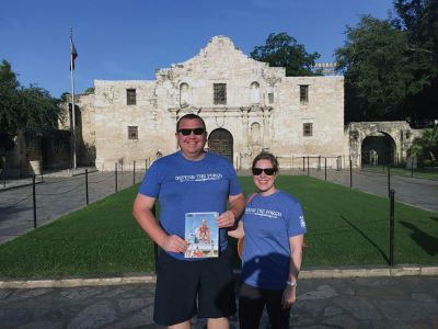 Alamo
Mattapoisett residents Dan McCarthy and Charis Anderson on a recent visit to the Alamo, took with them the June 30, 2016 copy of The Wanderer. Having both resided at the Inn at Shipyard Park for more than a year prior to our work adventure in Texas, we enjoyed the symbolism of the Alamo and our 'Defend the Porch' T-shirts in support of the Inn at Shipyard Park. 
