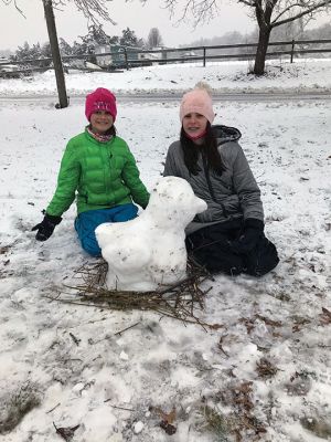 Snow Chicken
Trillian White and Piper Newell, both age 10 Mattapoisett residents, made a snow chicken during Sunday’s snowstorm. Photo courtesy Chrystal Walsh
