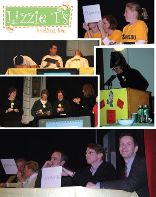 Lizzie T's Spelling Bee
A collage of shots from the Elizabeth Taber Librarys First Annual Lizzie Ts Spelling Bee held on Thursday, March 8 includes (clockwise from top right) Team Bee MARVELous: Kate Marvel, Becky Love, and Kate Collins; Mistress of Ceremonies Jenni Strand and her Beehive hairdo; Team The Forty-Somethings: Fred Mock, Nat Worley, and Ron Bilodeau; Winning Team, The Thursday Tennis Group featuring Priscilla Ditchfield, Danielle Francis, and Ellie Burbank; and Team Cutters: Michael Feeney, Jeremy Hughes, and Jon Arms. (Photo by Paul Lopes).
