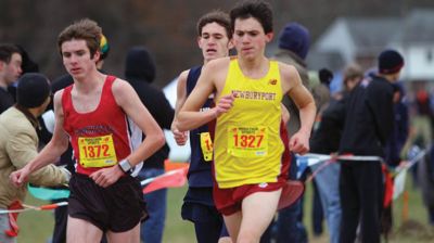 ORR’s Mike Wyman
ORR’s Mike Wyman won the Division 5 Cross Country Championship with a 15:27 time on the hilly 5K course, narrowly edging out Newburyport’s Nick Carleo. Wyman will move on to race among the best runners in the state this weekend. Photo by Michael Kassabian.
