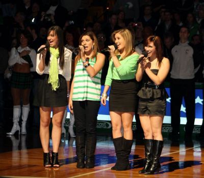 Varsity Girls
Local teen pop group, Varsity Girls, performed the National Anthem at the Celtics game at the TD Garden in Boston on Friday, March 4, 2011. Pictured from left to right: Jillian "JiJi" Zucco of Mattapoisett, Simone Cardoso of New Bedford, Kimber-lee Jacobsen of Westport, and Jillian Jensen of Rochester. Photo courtesy of Kelly Zucco.
