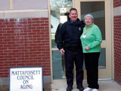 Entrance Exam
Mattapoisett Police Officer Mitch Suzan and Council on Aging (COA) worker Judy Anthony stand outside of the new entrance COA entrance at Center School. (Photo by Adam Silva).
 


