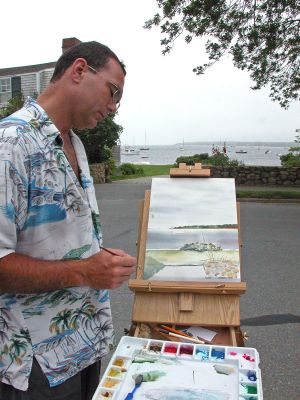 Painting the Town
Mattapoisett artist Anthony Days works on a scenic watercolor landscape for the third annual Paint the Town ... A Fresh Paint Event to benefit the Mattapoisett Free Public Library. The event was held in anticipation of this weekends Harbor Days Festival and as part of a series of day-long activities which culminated with an auction of the paintings created earlier in the day and a Taste of the Town which showcased over a dozen local restauranteurs. (Photo by Kenneth J. Souza).
