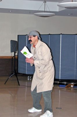 Mr. Poems, I Presume?
Jeff Nathan, an award-winning childrens author and creator of PunOETRY, is seen here playing Sherlock Poems: Poetry Detective at Mattapoisetts Center School on Tuesday, January 9 during one of three assemblies for K-3 students. Mr. Nathans appearance at the school was supported, in part, by a grant from the Mattapoisett Cultural Council, a local agency which is supported by the Massachusetts Cultural Council, a state agency. (Photo by Kenneth J. Souza).

