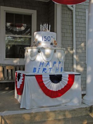 Birthday Bash
This decorative birthday cake is now on display at the main entrance to the Mattapoisett Town Hall in anticipation of this weekends kickoff Sesquicentennial Celebration to be held on Sunday, May 20 beginning at 2:00 pm in commemoration of the official signing of the Act of Incorporation formally separating Mattapoisett from Rochester in 1857. (Photo by Robert Chiarito).
