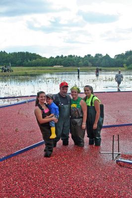 Fruits of their Labor
Members of the Souza family of Rochester  (l. to r.) Lori Souza, Tyler Souza, David Souza, Kerrin Souza, and Kayla Souza  all pitched in last weekend to help harvest this years crop of cranberries at one of the few remaining bogs in town. The family recently took over the bog in an effort to revive and continue the proud farming tradition for which the area has become known. (Photo by Robert Chiarito).
