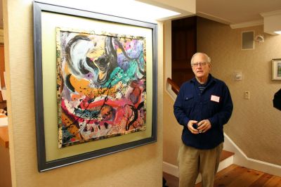 Array of Artists
Marion Art Center (MAC) member and artist Bo Burbank poses alongside his vibrant painting, Let It All Out, Dont Keep It Inside, during the recent opening reception of the 2008 Winter Members Show at the MAC. The show features 73 pieces submitted by over 35 of the MACs members divided between the buildings two main galleries and is open now through February 28. Gallery hours are Tuesday through Friday 1:00 pm to 5:00 pm, and Saturday from 10:00 am to 2:00 pm. (Photo by Robert Chiarito).

