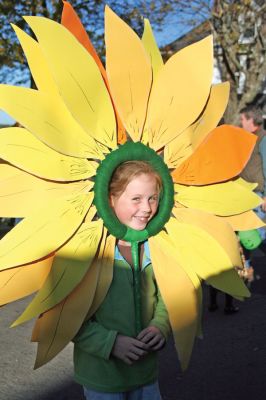Flower Child
Amidst the dark and frightening cast of characters roaming the village streets during Marions Annual Halloween Parade this year was this one bright spot of color in the form of a blooming sunflower. This Flower Child was just one of the many costumed participants in the towns annual Halloween Parade, held on Friday, October 31 in the village center and sponsored by the good witches at the Marion Art Center. (Photo by Robert Chiarito).
