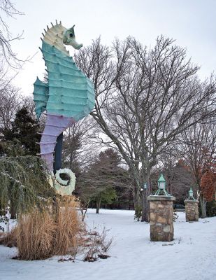 Winter Wonderland
Mattapoisett landmark Salty the Seahorse sits watching over the towns Dunseith Gardens on the corner of Route 6 and North Street on a cold, winter day. The Mattapoisett Land Trust will be sponsoring a Kubb game on Sunday afternoon, January 18 at the site. Kubb is said to be an old Swedish game whose origins may date back to the time of the Vikings and is a cross between bocce ball and horseshoes. The games begin at 1:30 pm. (Photo by Robert Chiarito).

